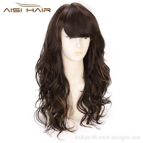 Aisi Hair Long Wavy Brown Bang Wig Heat Resistant Synthetic Hair Wig For Black White Women Fashion Cosplay Christmas Wigs